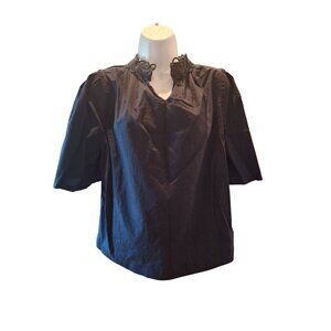 Worthington Womens Blouse 12 Black Short Sleeve V Neck Looped Collar Goth
